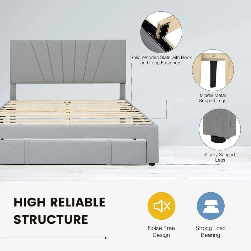 Linen Platform Bed Frame – Grey, Adjustable Headboard, 1 Pull-Out Drawer, Full / Queen, Sleeps 1
