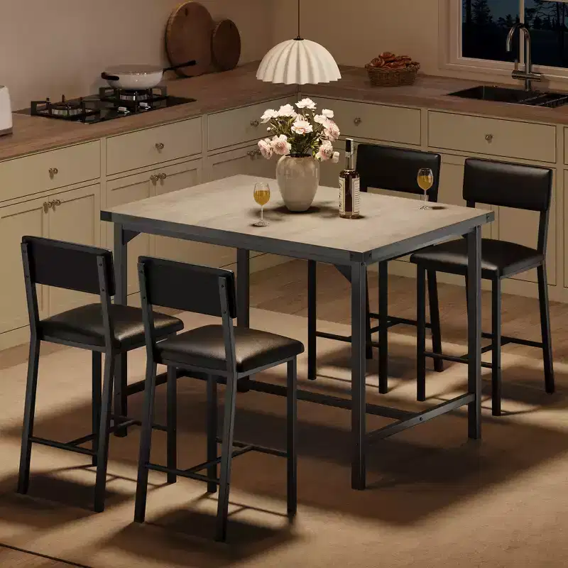 Dining Table Set for 4, 5-Piece Kitchen Table Set, Footrest, Corner Protector, Counter Height Table, 2 Upholstered Bar Stools, for Kitchen