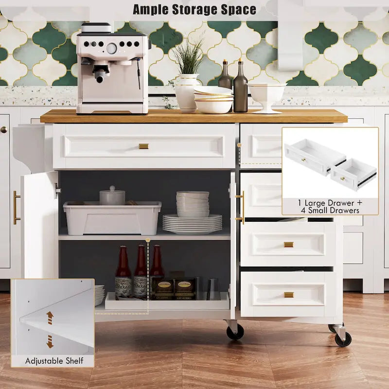 White Drop Leaf Kitchen Island Cart for 1–2 Person, No Stool