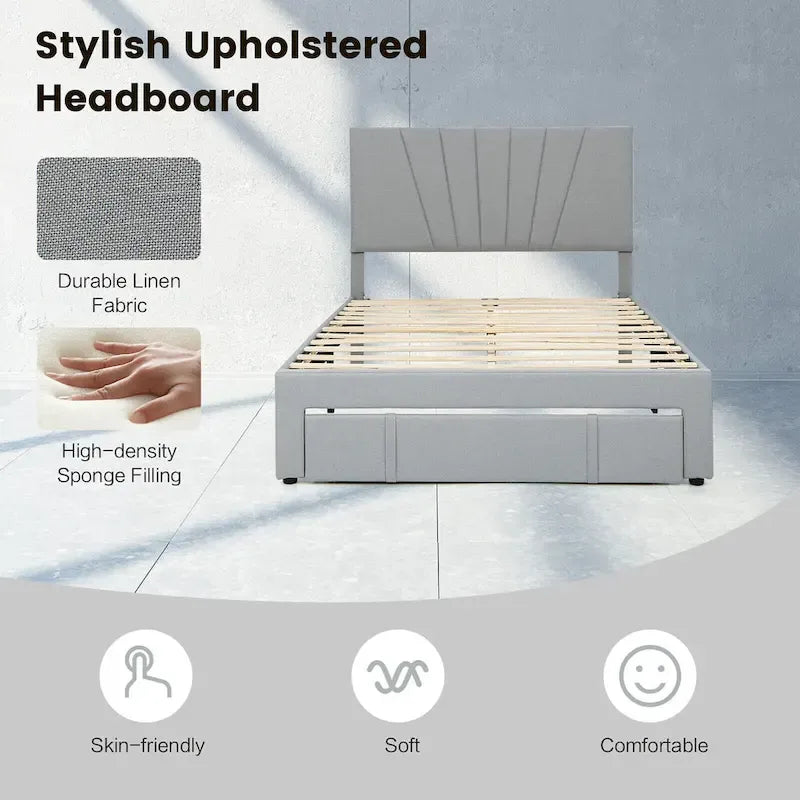 Linen Platform Bed Frame – Grey, Adjustable Headboard, 1 Pull-Out Drawer, Full / Queen, Sleeps 1