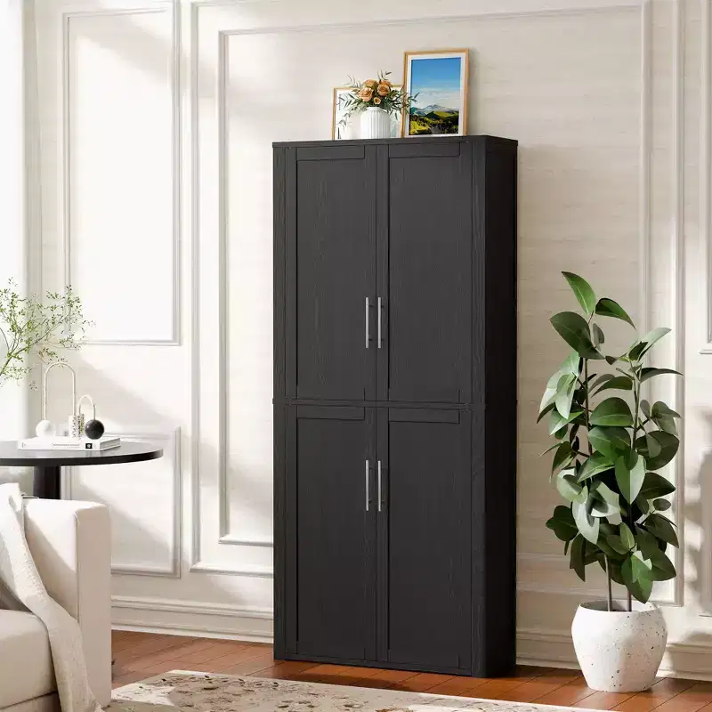 Kitchen Pantry Cabinet, Freestanding Food Storage Cabinet with 4 Doors & Adjustable Shelves, Floor Utility Storage Organizer