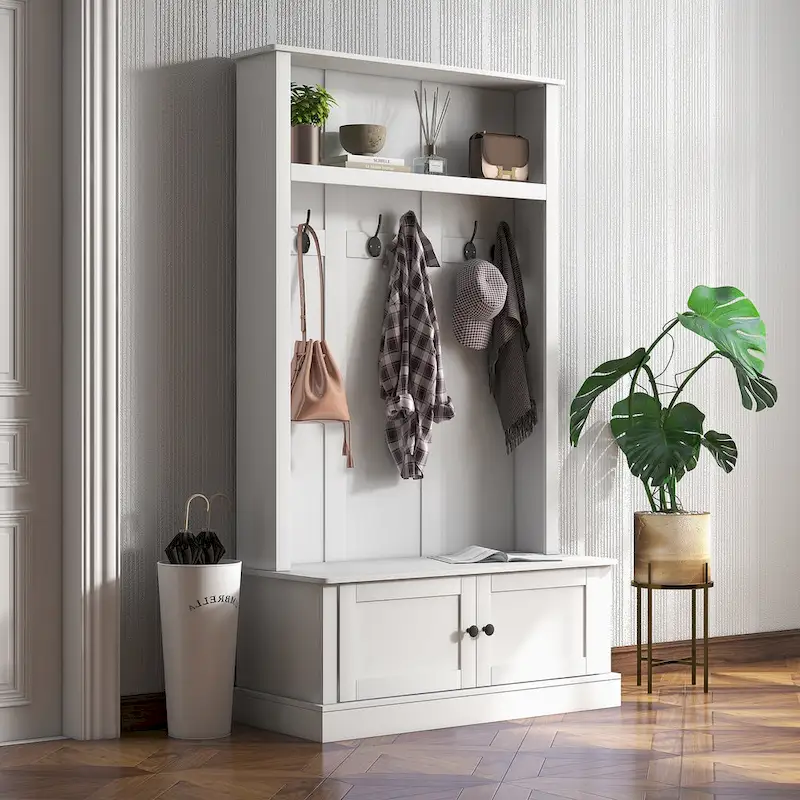 Freestanding Hall Tree, Entryway Bench with Coat Rack, Shoe Cabinet and Top Shelf