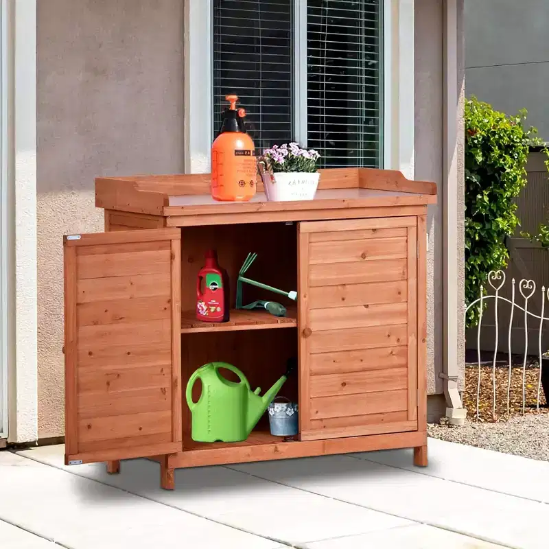 Outdoor Potting Bench with 2-Tier Shelves & Side Hooks, Galvanized Tabletop, Garden Workstation
