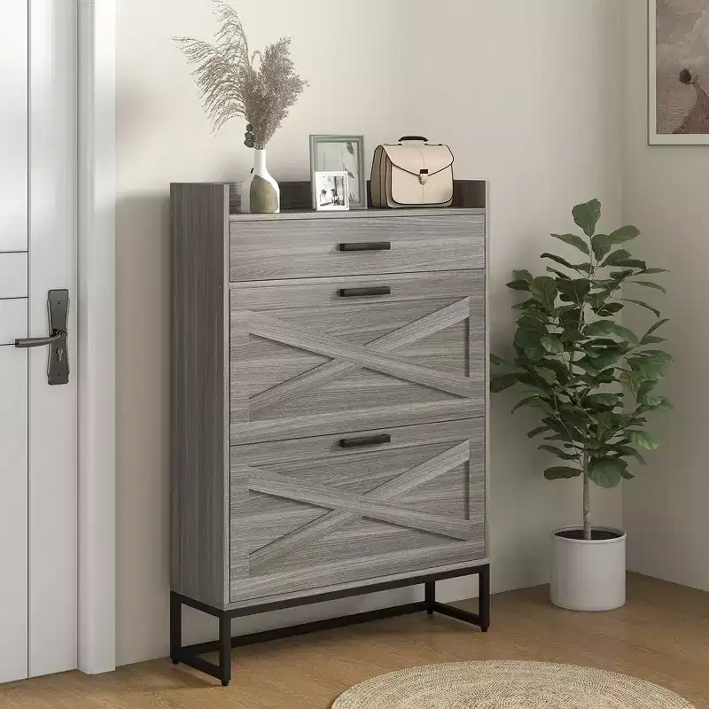 Slim Industrial Shoe Cabinet - 2 Flip Drawers, Adjustable Shelves, Holds 12 Pairs