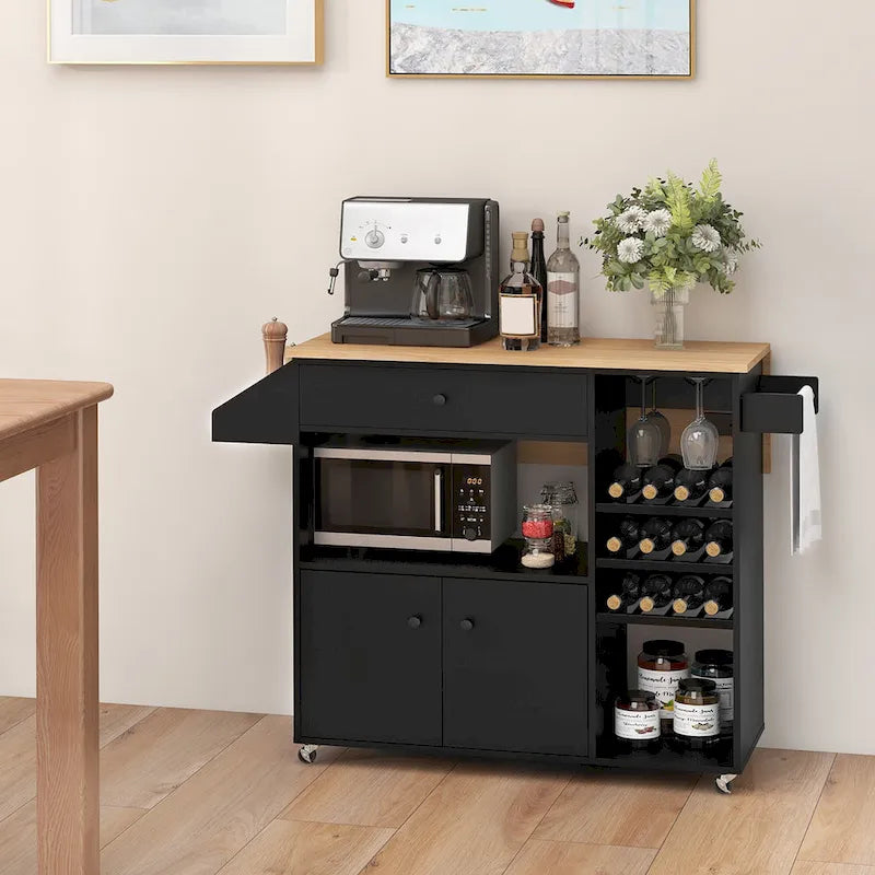 Kitchen Island Cart – White / Brown / Black, Drop-Leaf, Power Outlet, Wine Rack, Microwave Shelf, Casters