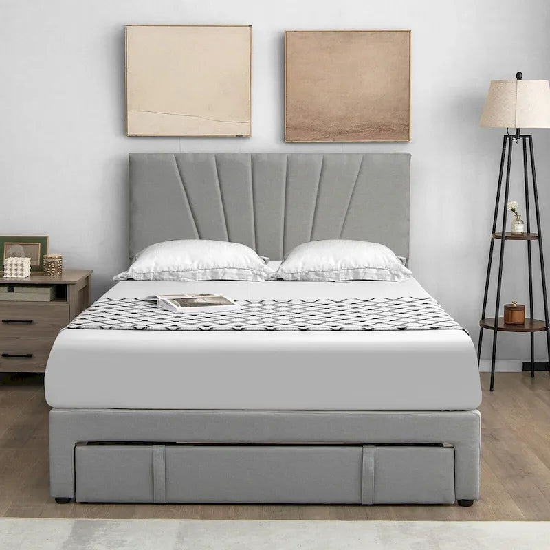 Linen Platform Bed Frame – Grey, Adjustable Headboard, 1 Pull-Out Drawer, Full / Queen, Sleeps 1