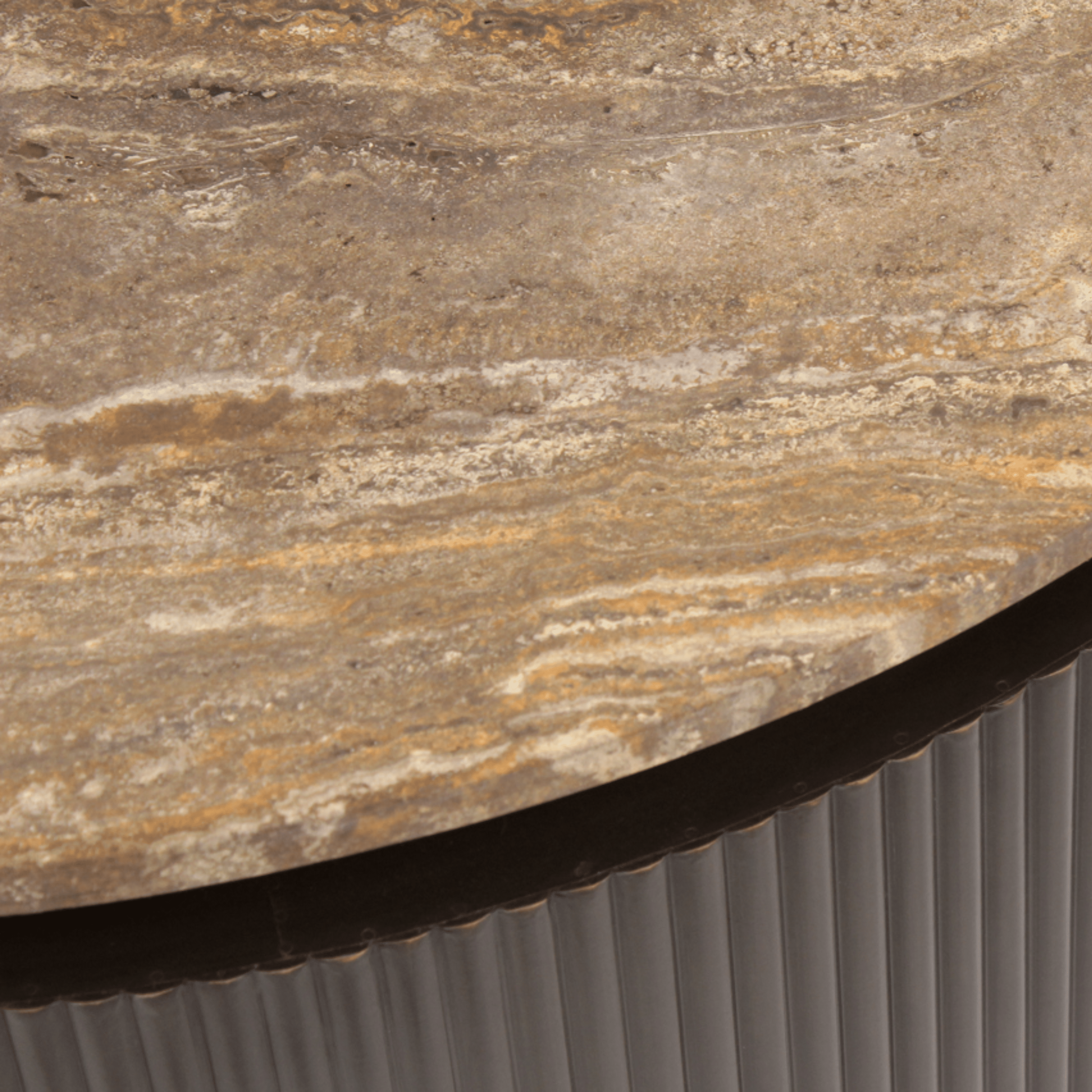 Brown Ribbed Round Coffee Table with Travertine Top