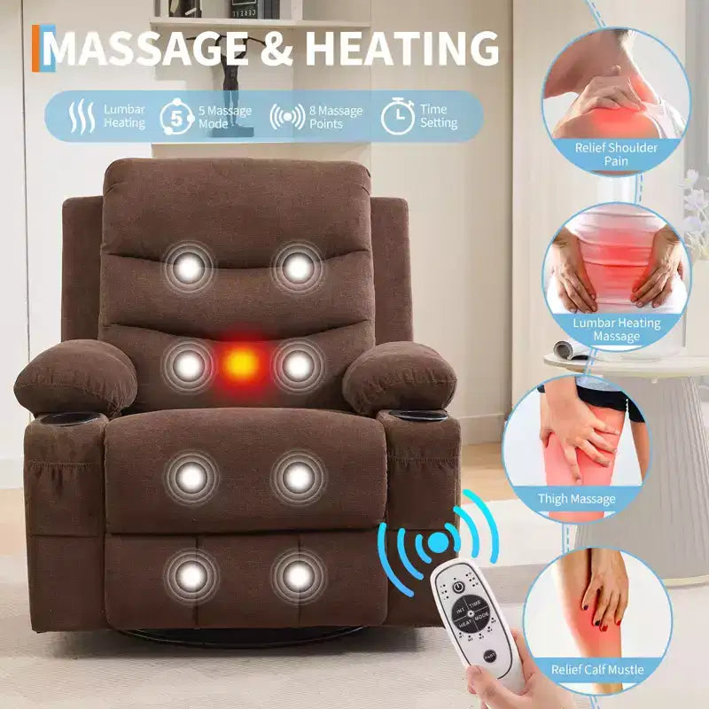 Oversized 360 Swivel Rocker Recliner with Massage & Heat - Ergonomic Lounge Chair with Cup Holders, Side Pockets for Living Room, Nursery