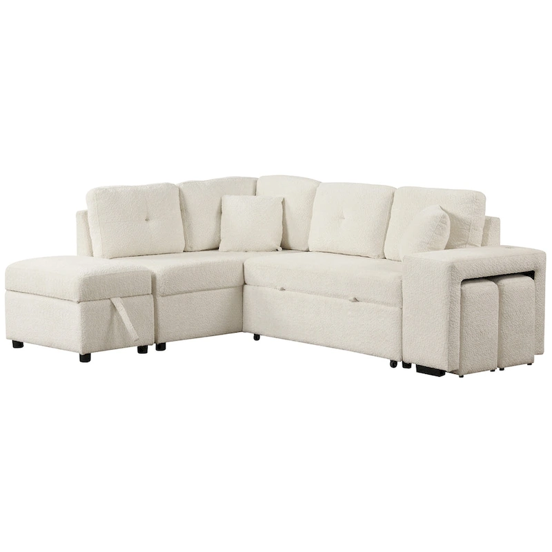 Roomfitters Convertible Sleeper Sectional Sofa Bed with Storage Ottoman, Two Throw Pillows, Two Stools, Wireless Charger