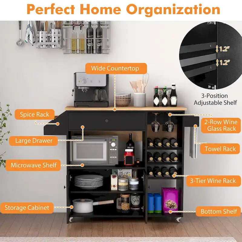 Kitchen Island Cart – White / Brown / Black, Drop-Leaf, Power Outlet, Wine Rack, Microwave Shelf, Casters