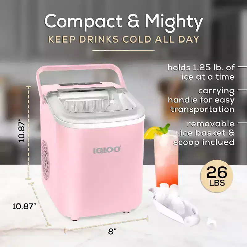 Igloo 26-Pound Automatic Self-Cleaning Portable Countertop Ice Maker Machine With Handle, Pink