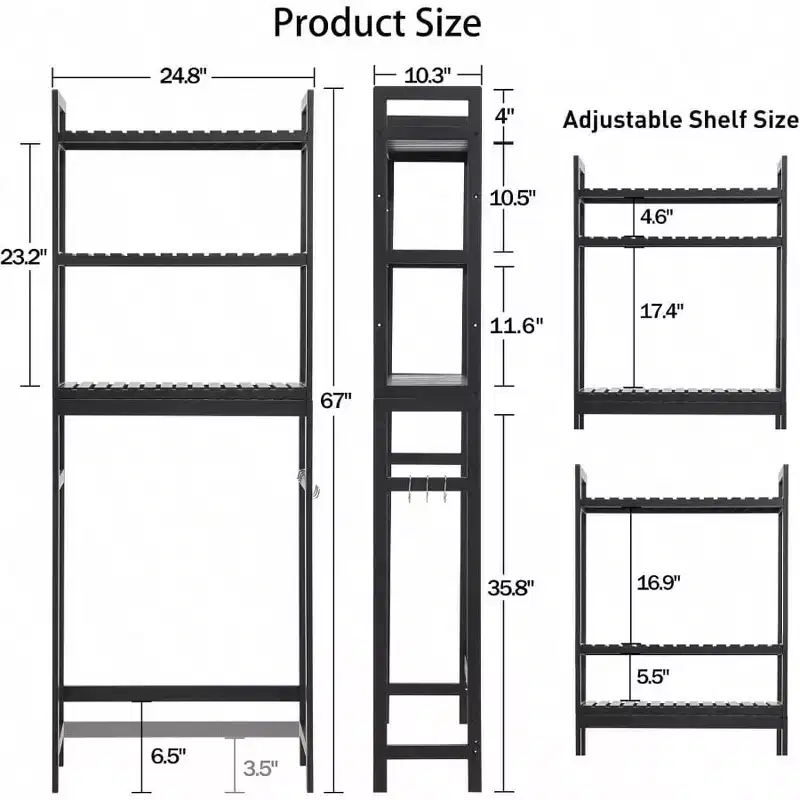Over Toilet Storage Cabinet 3 Tier Shelf Stable Freestanding Black Bathroom Organizer with 3 Hooks 67 Inch H