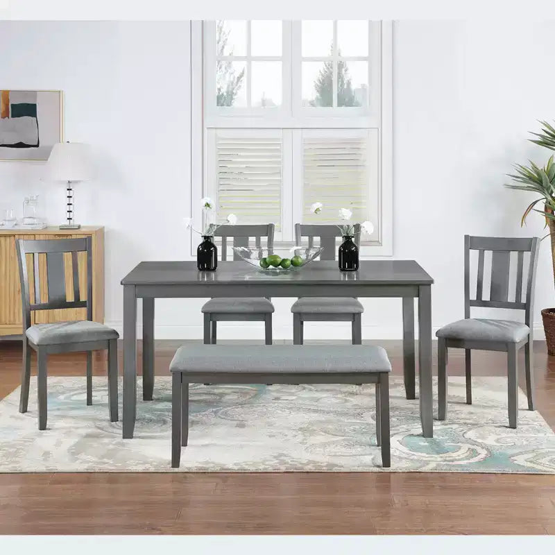 MAYEERTY 6-Piece Dining Set for 6, Wooden Rectangular Table + 4 Upholstered Chairs & Bench, Gray