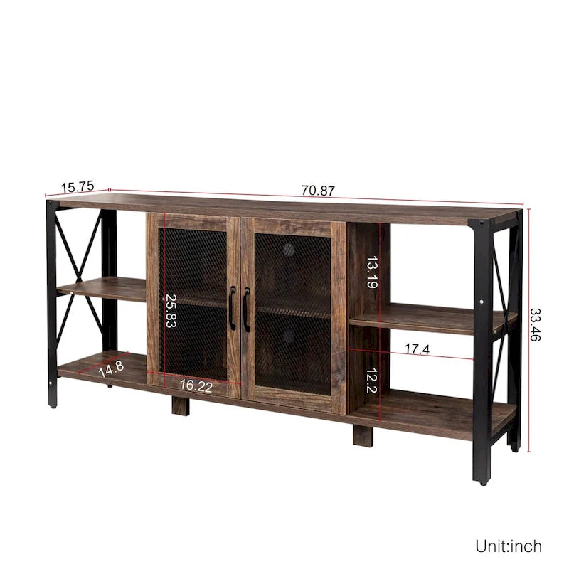 80-Inch Industrial TV Stand – Espresso / Walnut / White, Wood & Metal, Open Shelving with Mesh Door