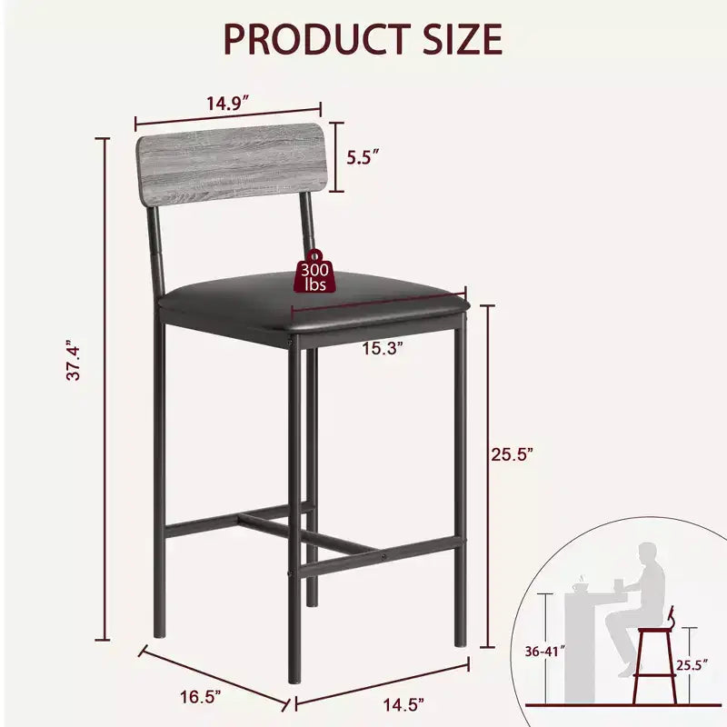 Bar Stools Set of 2, Kitchen Bar Stools with Footrest, 25.5 Inches Upholstered Bar Chairs with Back, 2 Counter Height Barstools for Counter Bar