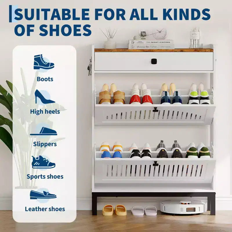 Shoe Storage Cabinet with 2 Flip Drawer, Shoes Organizer with with Top Drawer, Adjustable Shoe Rack