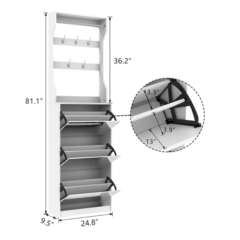 White Flip-Down Shoe Cabinet with Mirror Hooks Hanger Rod Tabletop Entryway Storage