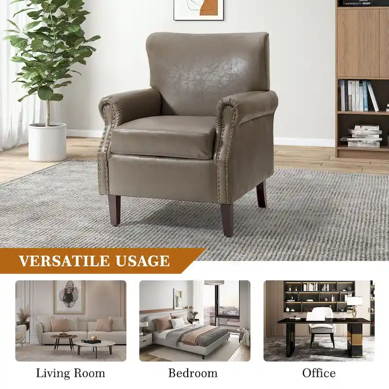 Transitional Leather Armchair with Nailhead Trim Rolled Arms
