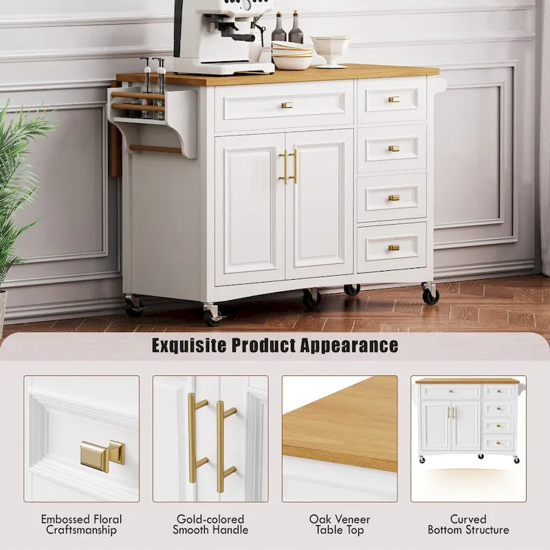 White Drop Leaf Kitchen Island Cart for 1–2 Person, No Stool