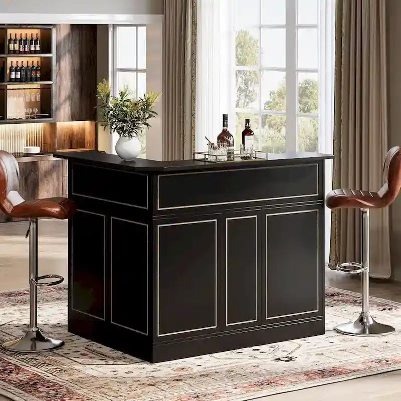 L-Shaped Bar Cabinet with Stemware Racks for Home Pub