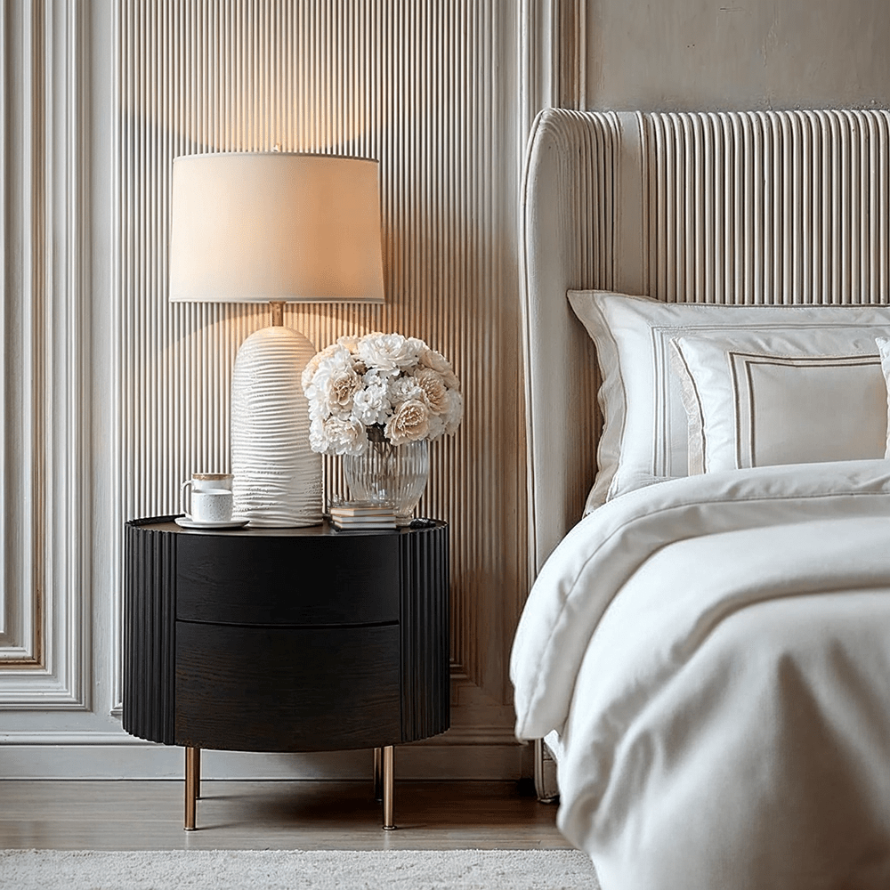 Ribbed Rounded Black 2 Drawer Bedside Table with Gold Legs