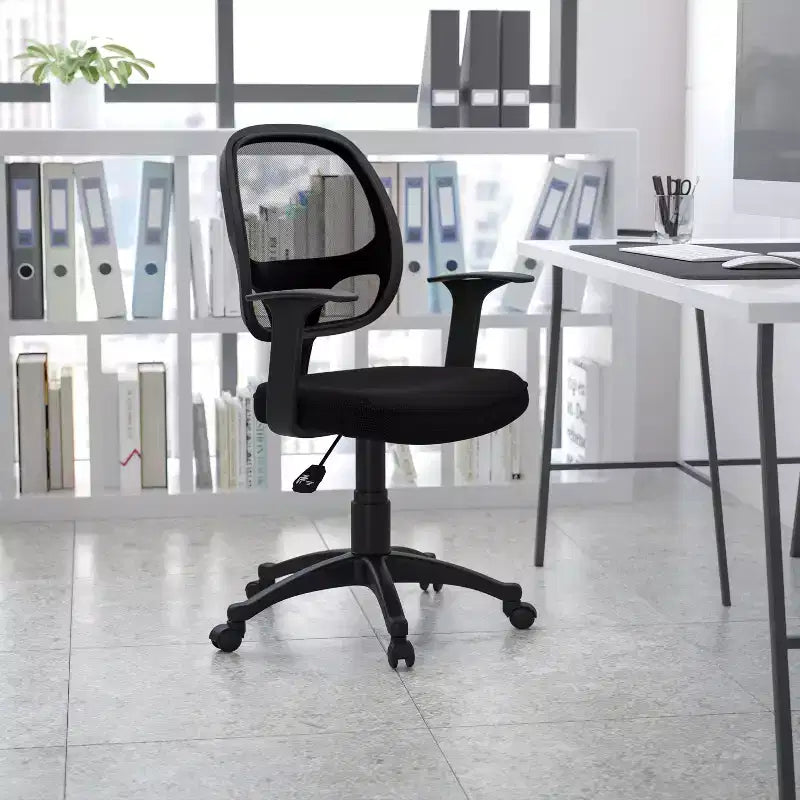 Mid-Back Black Mesh Swivel Task Office Chair with T-Arms