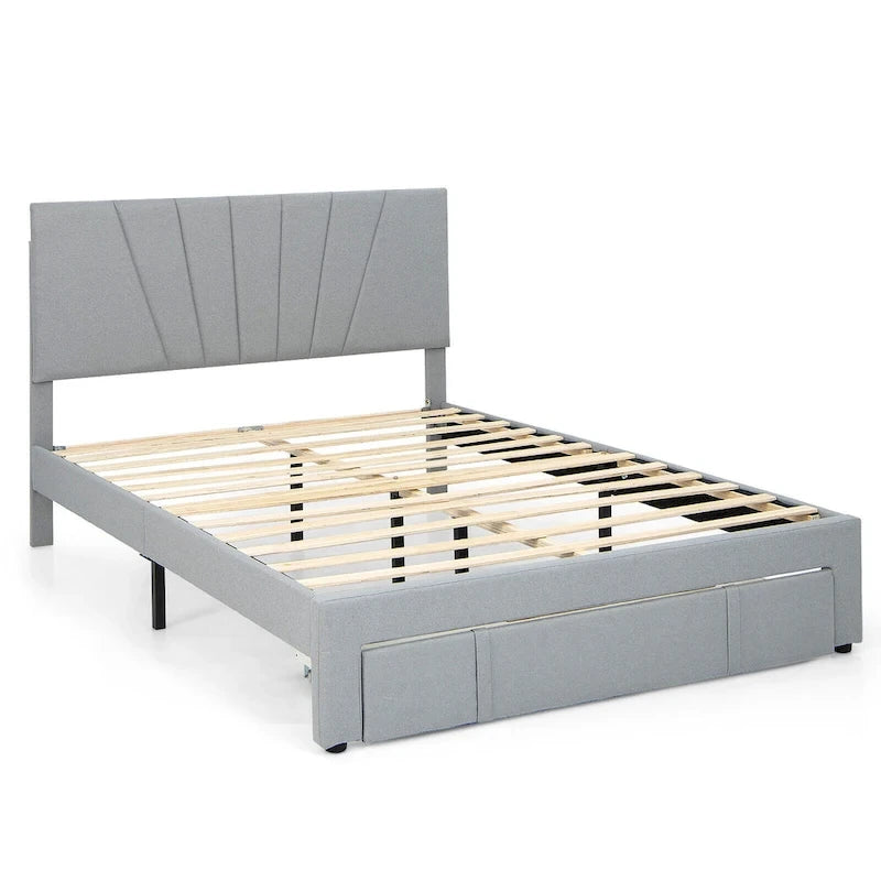 Linen Platform Bed Frame – Grey, Adjustable Headboard, 1 Pull-Out Drawer, Full / Queen, Sleeps 1
