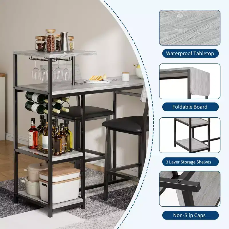 Dining Table Set for 2, Kitchen Table and Chairs, Bar Table Set with 2 Bar Stools, 3 Piece Dining Room Table Set for Small Space, Apartment