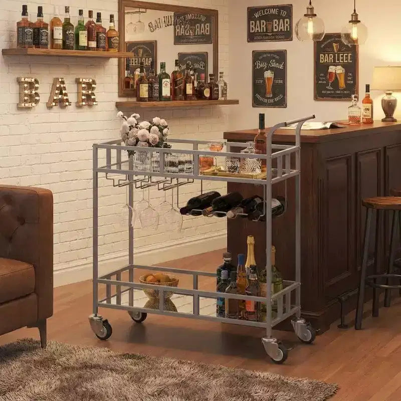 COZONY 2 Tier Bar Cart with Wine Rack and Glass Holder, Mirrored Mobile Serving Cart with Wheels for Kitchen Living Room