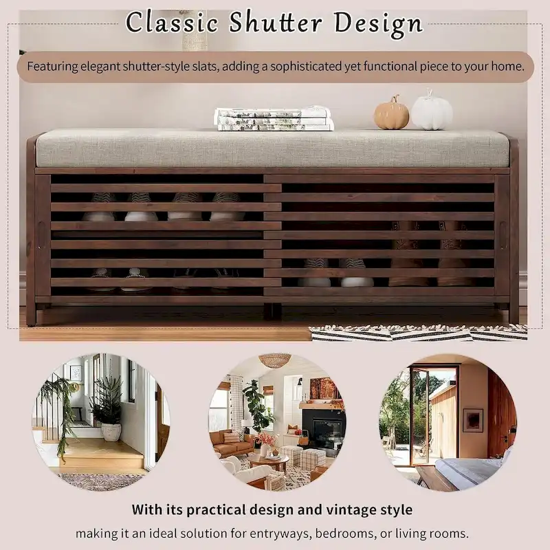 43.30 Solid Wood Storage Bench with Contemporary Distressed Blinds