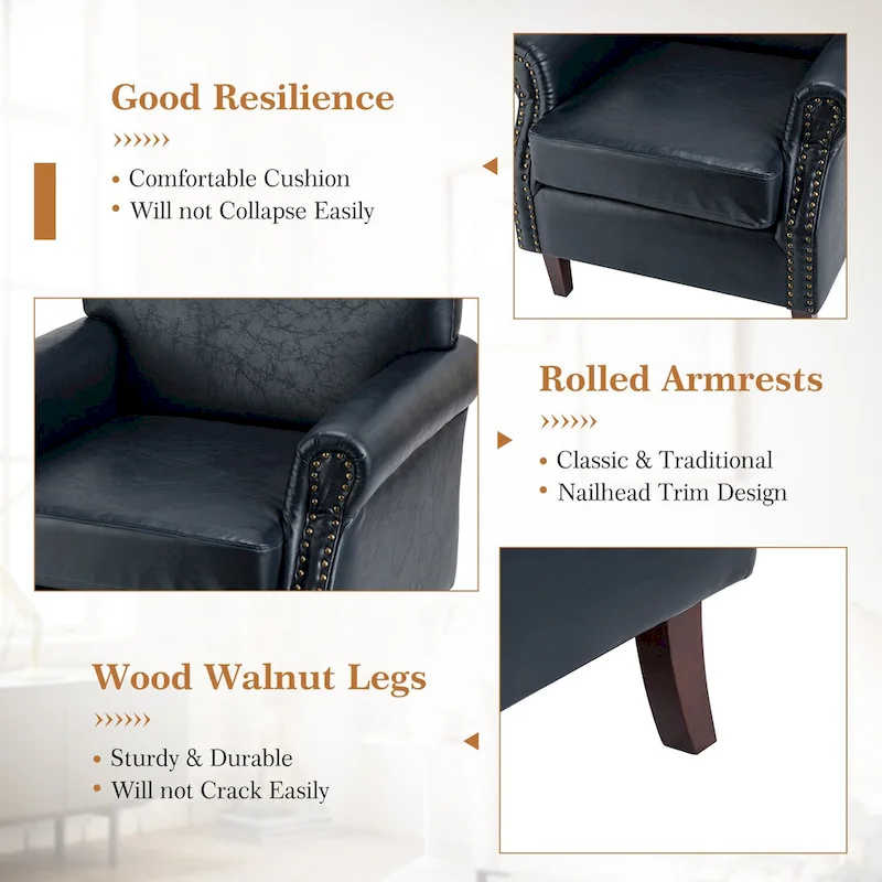 Transitional Leather Armchair with Nailhead Trim Rolled Arms