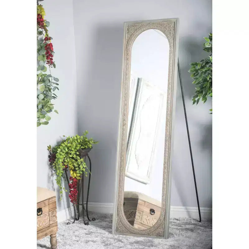 Natural wood brown console mirror: Bohemian style, rectangular, no assembly required.