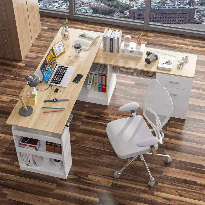 Height-Adjustable Computer Desk Office Desk Standing Desk: L-Shaped Spacious Desktop, Storage Cabinets