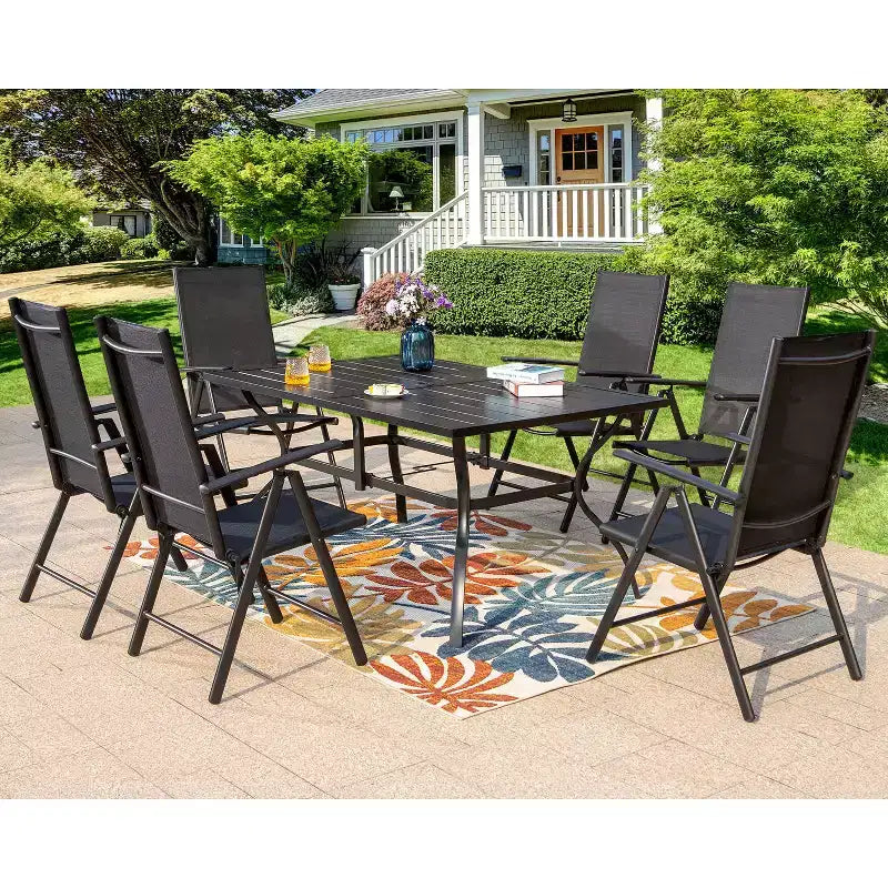 Captiva Designs 7pc Patio Dining Set with Slat-top Rectangle Table & Sling Foldable Chair