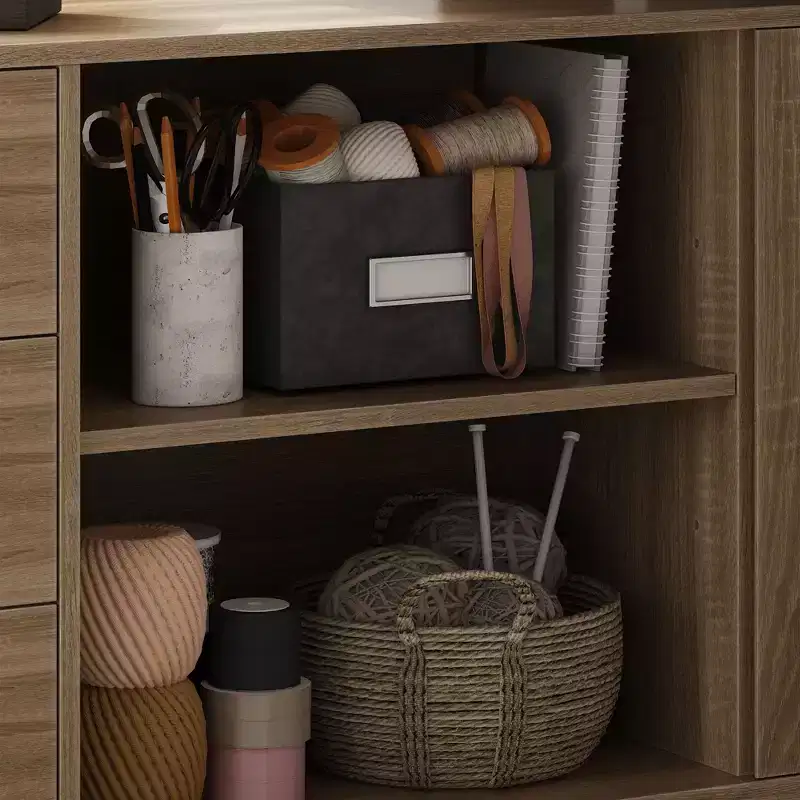 Oak-Effect Height-Adjustable L-Shaped Office Desk Sewing Desk 3 Drawers + Open Storage