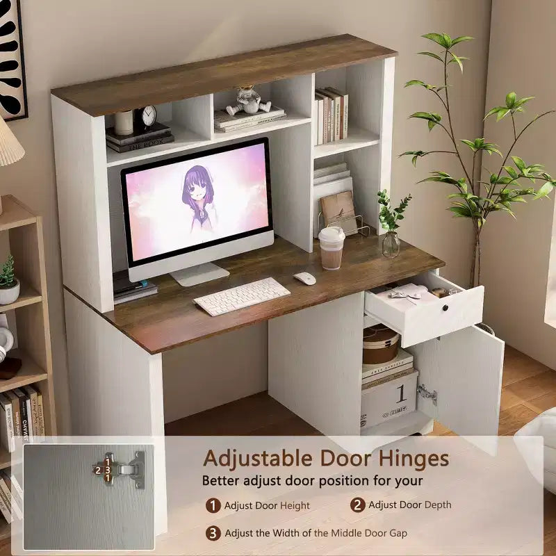51.18IN Modern Computer Desk with Hutch and Bookshelf, Office Desk with Ample Storage, Writing Desk for Study, Reading Room
