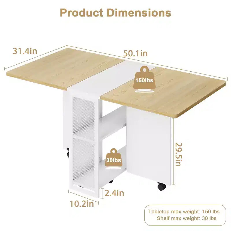 Folding Dining Table for Kitchen, Space Saving Dining Table, Extendable Kitchen Drop Leaf Table with 6 Wheels for Small Space