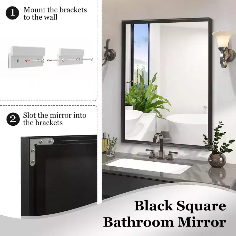 36x24inch Black Rectangular Bathroom Mirror Square Angle Metal Frame Wall Mounted Hanging Plates Wall Mount Mirror For Bathroom