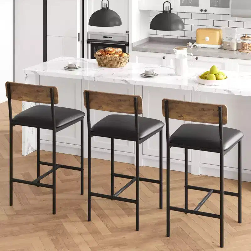 Bar Stools Set of 2, Kitchen Bar Stools with Footrest, 25.5 Inches Upholstered Bar Chairs with Back, 2 Counter Height Barstools for Counter Bar