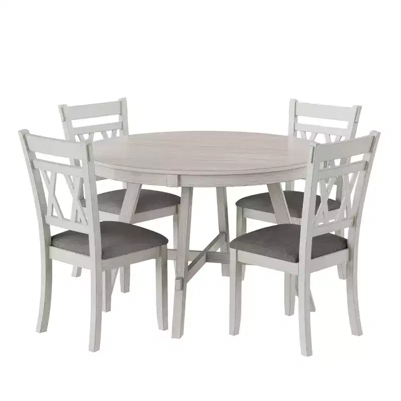 VECELO Rustic Dining Table Set, Rubber Wood Round Table and Upholstered Dining Chairs for Kitchen, Gray