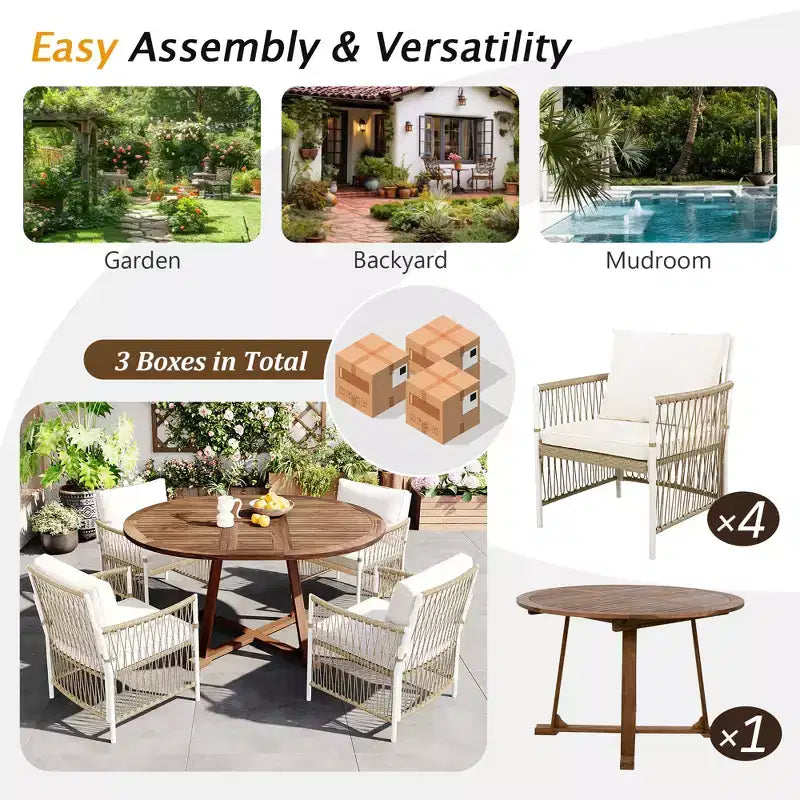 GDFStudio Eden Modern 5 Piece Patio Extendable Wooden and Iron Dining Table Set