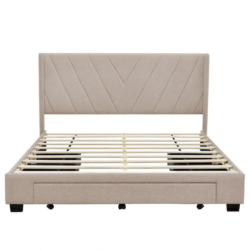 Queen Size Storage Bed Linen Upholstered Platform Bed with 3 Drawers