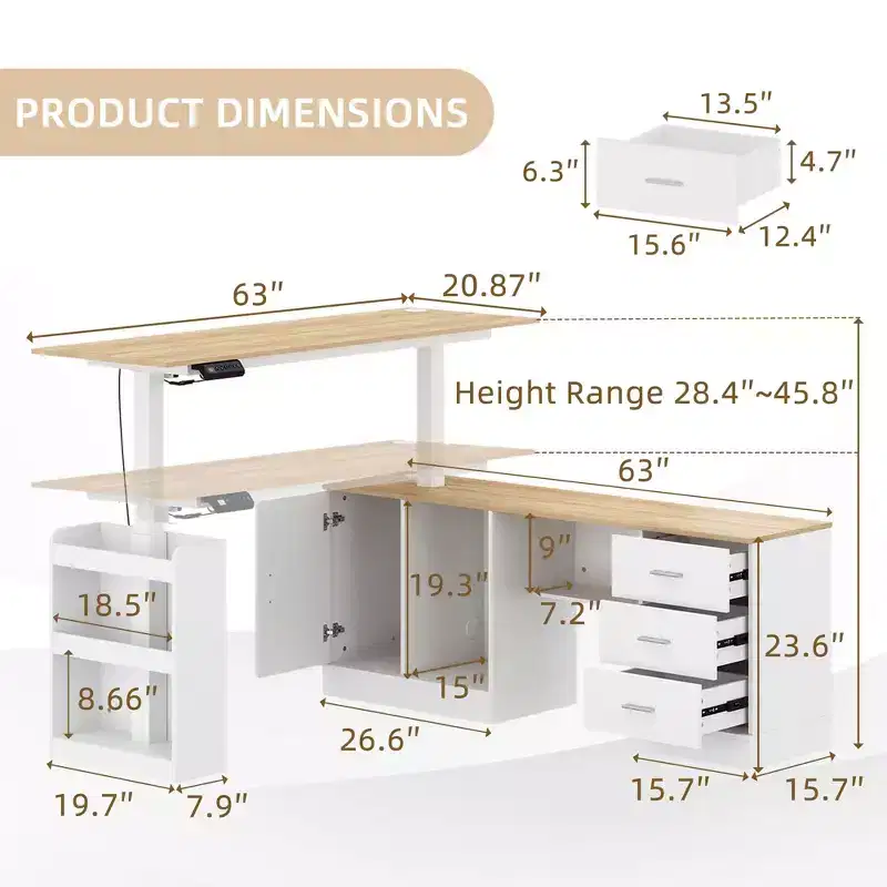 Height-Adjustable Computer Desk Office Desk Standing Desk: L-Shaped Spacious Desktop, Storage Cabinets