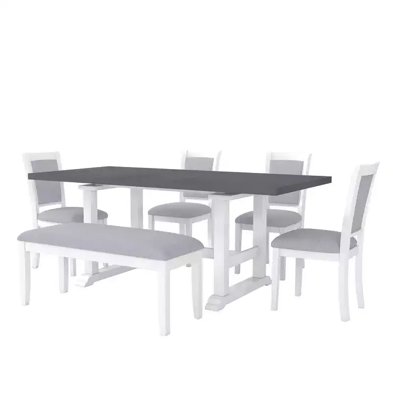 Whisen Updated 6-Piece Rustic Kitchen Extendable Dining Table Set, 76.9 Trestle Dining Table & 4 Upholstered Dining Chairs, 1 Bench