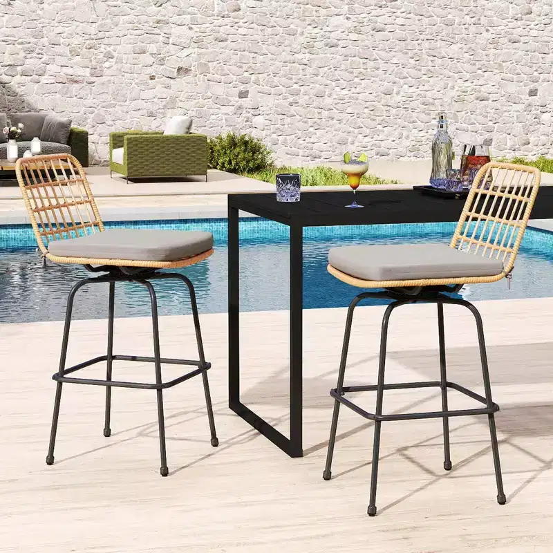 Costway Patio 360 Swivel Bar Stools Set of 2 with Backrests & Footrests Soft Seat Cushions