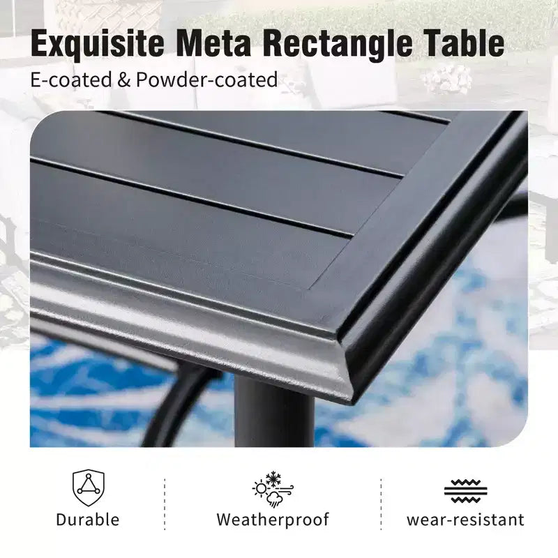 Captiva Designs 7 Pc Patio Outdoor Dining Set with Slat Tabletop Rectangular Table & Gray Textilene Fixed Chairs