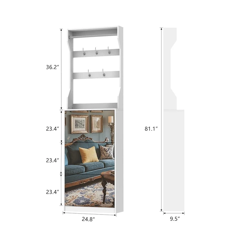 White Flip-Down Shoe Cabinet with Mirror Hooks Hanger Rod Tabletop Entryway Storage