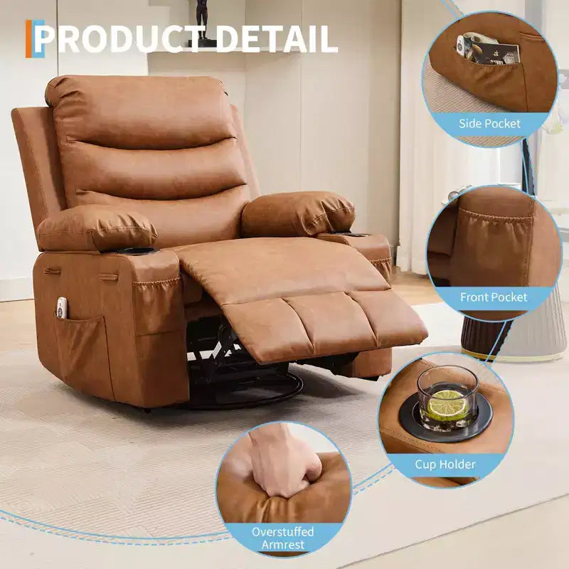 Oversized 360 Swivel Rocker Recliner with Massage & Heat - Ergonomic Lounge Chair with Cup Holders, Side Pockets for Living Room, Nursery