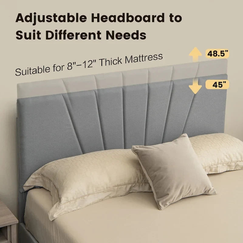 Linen Platform Bed Frame – Grey, Adjustable Headboard, 1 Pull-Out Drawer, Full / Queen, Sleeps 1