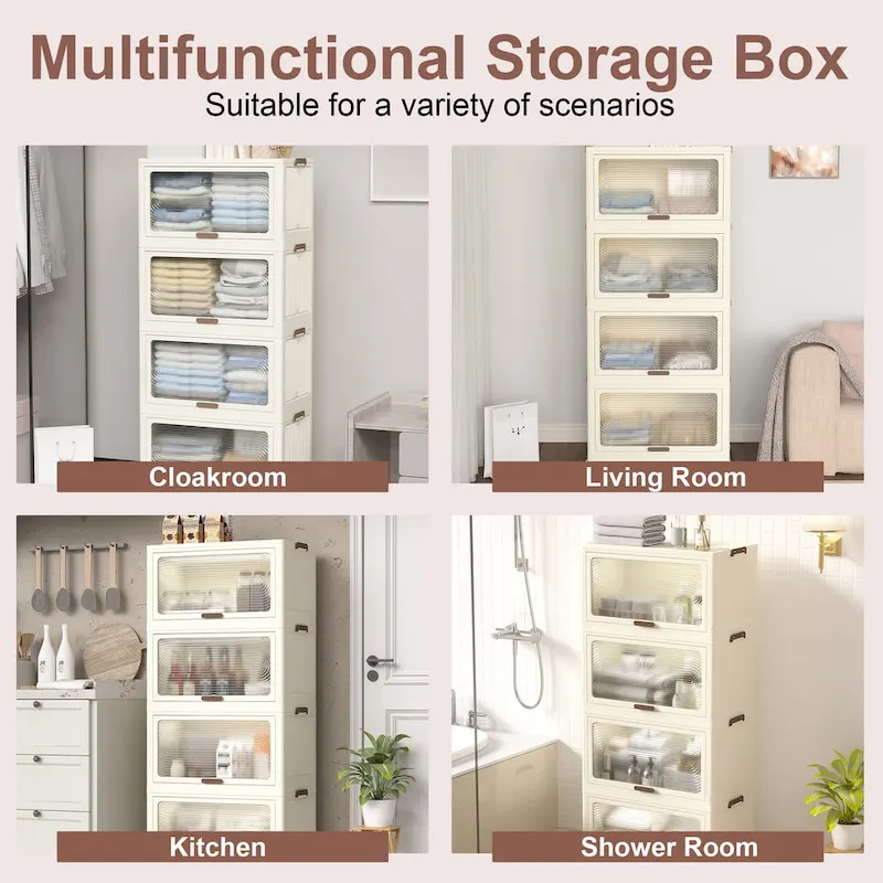 4 Tier Plastic Storage Bins with Lids 78QT, Stackable Storage Containers with Wheels, Folding Storage Boxes